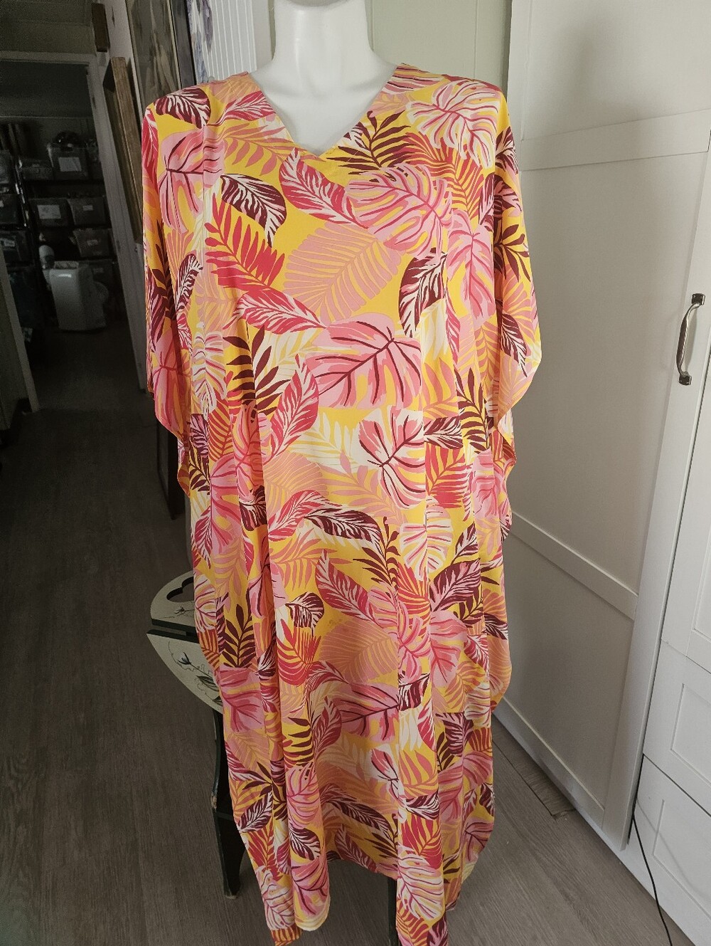 Brandis Tropical Floral Caftan Maxi Dress Pink Yellow Resort One Size Unworn